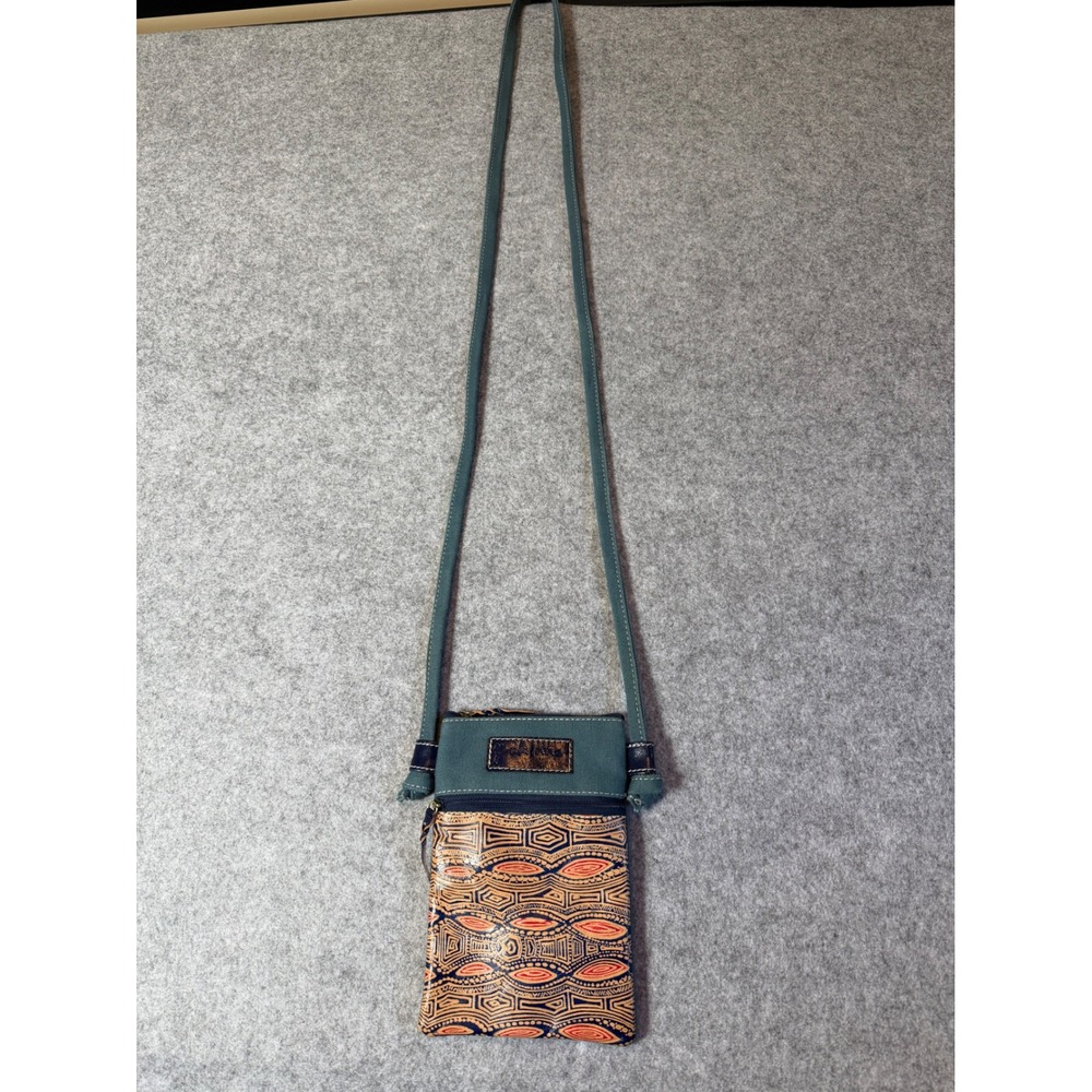 Yakinno Crossbody Bag Women Small Teal Leather Aboriginal Art Excellent Vintage
